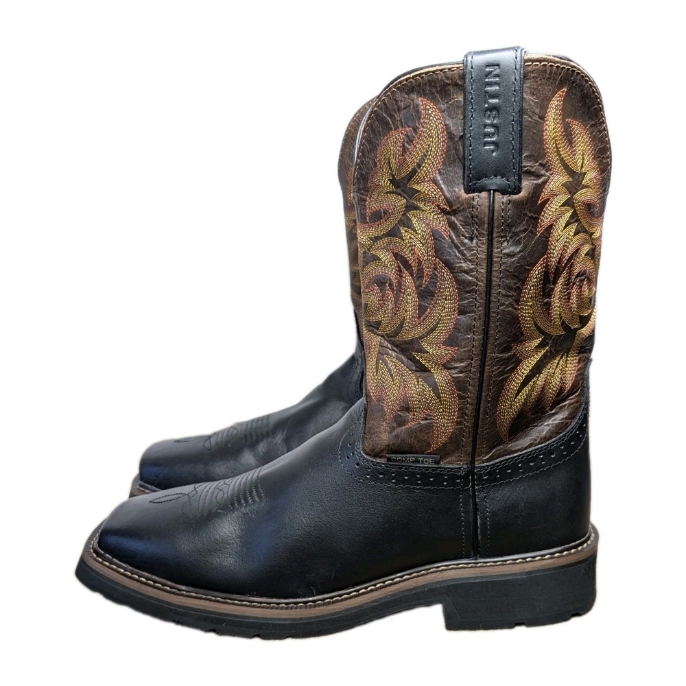 Justin Mens Stampede WK4681 Western Work Boots Composite Toe Black Brown 10.5 D